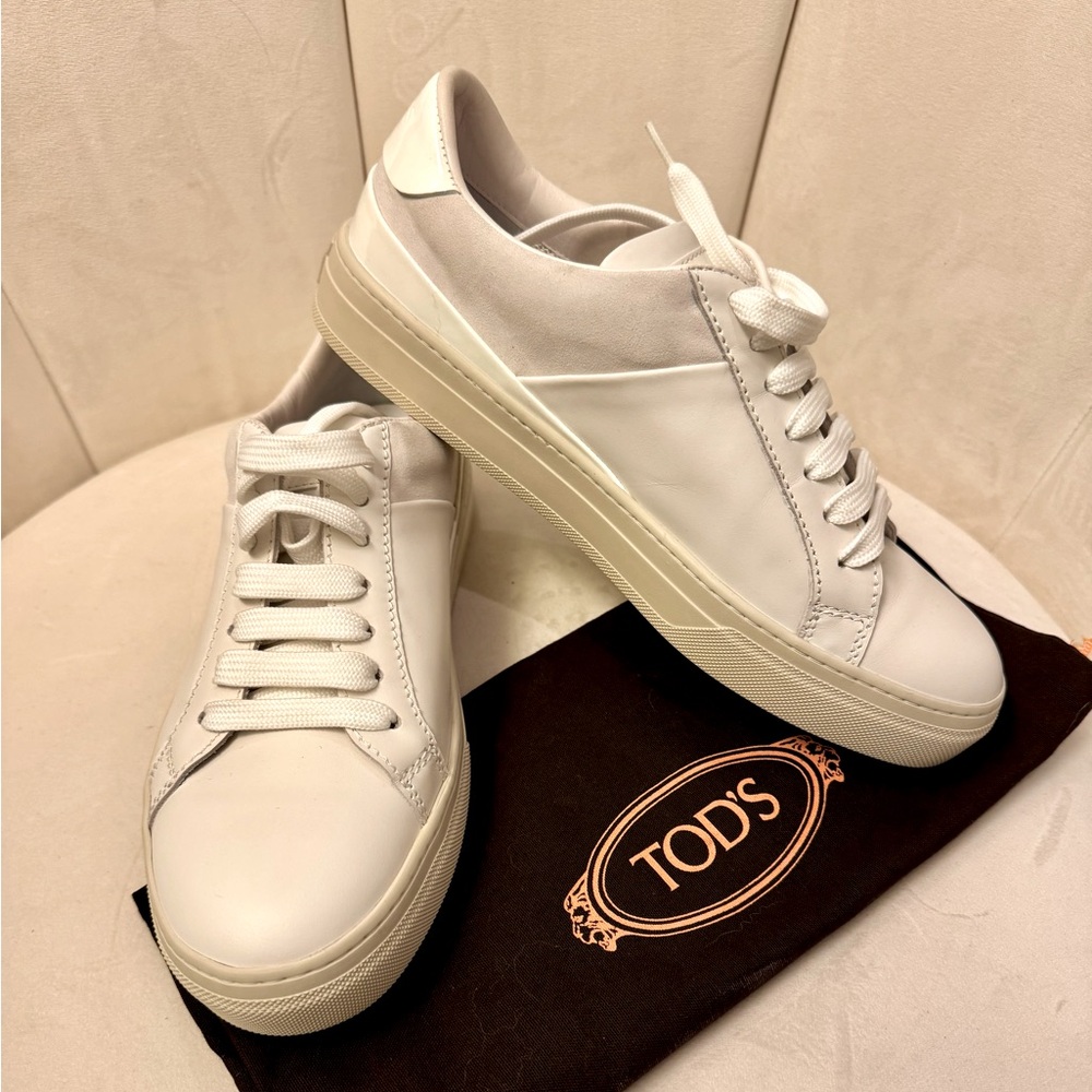 TOD'S Women's White Lace Up Sneakers in White and Gray SZ 8.5/ IT 38.5 NEW